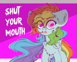 Size: 2500x2000 | Tagged: safe, artist:etoz, derpibooru import, rainbow dash, pegasus, pony, angry, chest fluff, crazy face, eyebrows, faic, fangs, female, insanity, mare, open mouth, rage, scary, scary face, shut up, simple background, solo, teeth, text, wings