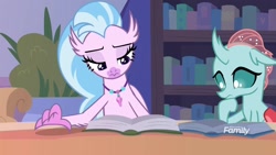Size: 1920x1080 | Tagged: safe, screencap, ocellus, silverstream, changedling, changeling, classical hippogriff, hippogriff, what lies beneath, book, bookshelf, finger drumming