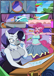 Size: 6071x8598 | Tagged: safe, artist:vale-city, derpibooru import, pinkie pie, rarity, anthro, comic:twilight's potion, absurd resolution, armpits, breasts, carousel boutique, chubbie pie, clothes, coffee, cup, drinking, eyes closed, midriff, open mouth, pantyhose, raritits, skirt