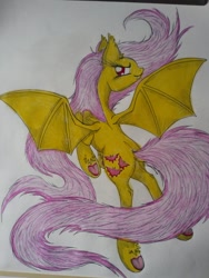 Size: 1024x1365 | Tagged: safe, artist:penkatshi, fluttershy, bat pony, pony, flutterbat, flying, looking at you, looking back, rear view, red eyes, simple background, solo, spread wings, traditional art, underhoof