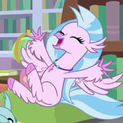 Size: 411x413 | Tagged: safe, screencap, silverstream, classical hippogriff, hippogriff, what lies beneath, bookshelf, cropped, cute, diastreamies, eyes closed, library, wings