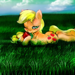 Size: 500x500 | Tagged: safe, artist:lunaltaria, applejack, earth pony, pony, apple, blushing, grass, hatless, missing accessory, prone, solo, wink