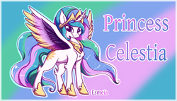 Size: 1797x1031 | Tagged: safe, artist:esmeia, princess celestia, alicorn, pony, abstract background, chest fluff, crown, female, hoof shoes, jewelry, looking at you, mare, peytral, regalia, smiling, solo, spread wings, wings