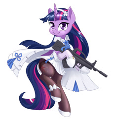 Size: 1280x1384 | Tagged: safe, artist:dstears, derpibooru import, twilight sparkle, twilight sparkle (alicorn), alicorn, pony, unicorn, assault rifle, bipedal, clothes, cosplay, costume, female, girl's frontline, gloves, gun, looking at you, mare, pantyhose, pleated skirt, qbz-95, rifle, shoes, simple background, skirt, smiling, solo, weapon, white background