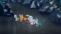 Size: 1280x720 | Tagged: safe, screencap, gallus, ocellus, silverstream, smolder, yona, changedling, changeling, classical hippogriff, dragon, griffon, hippogriff, yak, what lies beneath, bow, cloven hooves, dragoness, female, hair bow, male, monkey swings, nightmare cave