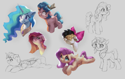 Size: 3000x1913 | Tagged: safe, artist:vanillaghosties, cozy glow, fluttershy, pear butter, pinkie pie, princess celestia, songbird serenade, sunset shimmer, twilight sparkle, twilight sparkle (alicorn), alicorn, earth pony, pegasus, pony, unicorn, my little pony: the movie, spoiler:my little pony movie, bow, bust, female, filly, floppy ears, grin, hair bow, lineart, looking at you, lying down, mare, peytral, pinkamena diane pie, shrunken pupils, simple background, smiling, unamused