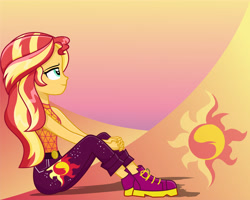Size: 4526x3617 | Tagged: safe, artist:diilaycc, sunset shimmer, equestria girls, equestria girls series, let it rain, spoiler:eqg series (season 2), boots, cutie mark, cutie mark background, female, gradient background, hands together, happy, music festival outfit, shoes, sitting, solo