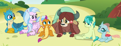Size: 350x135 | Tagged: safe, screencap, gallus, ocellus, sandbar, silverstream, smolder, yona, changedling, changeling, classical hippogriff, dragon, earth pony, griffon, hippogriff, pony, yak, school daze, bonding, bow, cloven hooves, colored hooves, confused, cropped, cute, diaocelles, diastreamies, dragoness, female, gallabetes, hair bow, happy, jewelry, looking at each other, lounging, lying down, male, monkey swings, necklace, raised eyebrow, sandabetes, sitting, smolderbetes, student six, teenager, yonadorable