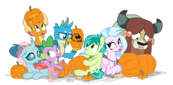 Size: 1300x640 | Tagged: safe, artist:dm29, gallus, ocellus, sandbar, silverstream, smolder, spike, yona, changedling, changeling, classical hippogriff, dragon, earth pony, griffon, hippogriff, pony, yak, cutie mark, dragoness, female, halloween, holiday, jewelry, male, necklace, newspaper, nightmare night, pumpkin, pumpkin carving, simple background, student six, tongue out, transparent background