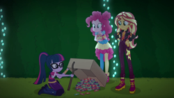 Size: 1920x1080 | Tagged: safe, screencap, pinkie pie, sci-twi, sunset shimmer, twilight sparkle, better together, equestria girls, sunset's backstage pass!, music festival outfit