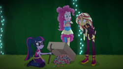 Size: 1920x1080 | Tagged: safe, screencap, pinkie pie, sci-twi, sunset shimmer, twilight sparkle, better together, equestria girls, sunset's backstage pass!, music festival outfit