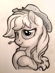 Size: 774x1032 | Tagged: safe, artist:bobdude0, applejack, earth pony, pony, monochrome, solo, straw, traditional art