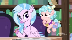 Size: 1920x1080 | Tagged: safe, screencap, cozy glow, silverstream, hippogriff, pegasus, pony, school raze, cozy glow is not amused, crossword puzzle, duo, female, filly, foal, pencil, saddle bag, thinking