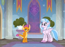 Size: 1001x720 | Tagged: safe, screencap, silverstream, smolder, classical hippogriff, dragon, hippogriff, the hearth's warming club, dragoness, female, smiling, tail, wings