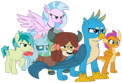 Size: 2933x2010 | Tagged: safe, artist:sonofaskywalker, gallus, ocellus, sandbar, silverstream, smolder, yona, changedling, changeling, classical hippogriff, dragon, earth pony, griffon, hippogriff, pony, yak, school raze, angry, bow, claws, cloven hooves, colored hooves, cutie mark, dragoness, female, fierce, fist, full body, hair bow, jewelry, male, monkey swings, necklace, paws, simple background, student six, teenager, transparent background, vector, wings