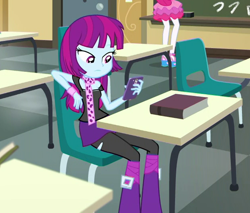 Size: 624x531 | Tagged: safe, derpibooru import, screencap, mystery mint, pinkie pie, better together, equestria girls, schedule swap, background human, book, boots, bored, canterlot high, cellphone, classroom, clothes, female, miniskirt, offscreen character, pantyhose, phone, sandals, scarf, shoes, skirt, smartphone