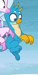 Size: 186x368 | Tagged: safe, screencap, gallus, silverstream, griffon, school raze, chest fluff, claws, cropped, looking down, male, paw pads, paws, shocked, toe beans, underpaw, wings