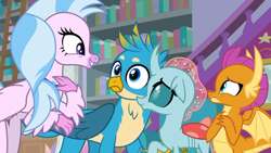 Size: 1280x720 | Tagged: safe, screencap, gallus, ocellus, silverstream, smolder, classical hippogriff, dragon, griffon, hippogriff, school raze, chest fluff, dragoness, female, male, shocked, smiling, wings