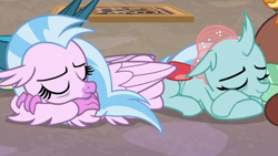 Size: 463x262 | Tagged: safe, screencap, gallus, ocellus, silverstream, yona, changedling, changeling, classical hippogriff, hippogriff, what lies beneath, bad quality, cropped, cute, diaocelles, diastreamies, duo focus, eyes closed, female, implied gallus, implied yona, lowres, offscreen character, pixelated, sleeping, smiling, wings