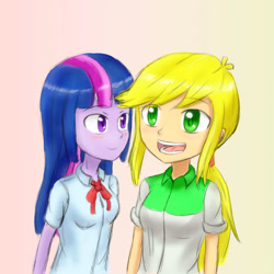 Size: 1000x1000 | Tagged: safe, artist:jumboz95, applejack, twilight sparkle, twilight sparkle (alicorn), alicorn, equestria girls, female, lesbian, shipping, twijack