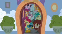 Size: 1280x720 | Tagged: safe, screencap, apple bloom, gallus, ocellus, sandbar, scootaloo, silverstream, smolder, sweetie belle, yona, classical hippogriff, dragon, griffon, hippogriff, pony, unicorn, yak, school raze, bow, cloven hooves, cutie mark crusaders, door, dragoness, female, filly, hair bow, male, monkey swings, student six, teenager