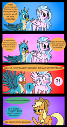Size: 1500x2825 | Tagged: safe, artist:noidavaliable, applejack, gallus, silverstream, classical hippogriff, earth pony, griffon, hippogriff, pony, comic:signs of dishonesty, !!!, blushing, comic, exclamation point, female, gallstream, interrobang, male, question mark, shipper on deck, shipperjack, shipping, simple background, speech bubble, spread wings, straight, wingboner, wings