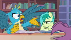 Size: 1280x720 | Tagged: safe, screencap, gallus, sandbar, silverstream, earth pony, griffon, pony, what lies beneath, annoyed, book, bookshelf, chest fluff, claws, ladder, library, male, offscreen character, tapping, teenager