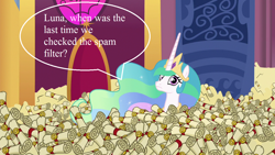 Size: 1280x720 | Tagged: safe, edit, edited screencap, screencap, princess celestia, alicorn, pony, 28 pranks later, season 6, big ol' pile o' scrolls, female, letter, mare, solo, spam, wide eyes