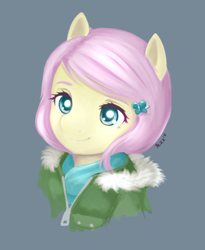 Size: 1280x1563 | Tagged: safe, artist:pezzhippo, fluttershy, anthro, alternate hairstyle, bust, clothes, coat, colored pupils, hairclip, looking at you, simple background, solo