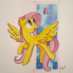 Size: 1080x1080 | Tagged: safe, artist:agnesgarbowska, fluttershy, butterfly, pegasus, pony, flying, raised hoof, solo, spread wings, traditional art, watercolor painting