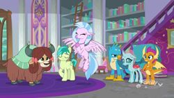 Size: 1920x1080 | Tagged: safe, screencap, gallus, ocellus, sandbar, silverstream, smolder, yona, changedling, changeling, classical hippogriff, dragon, earth pony, griffon, hippogriff, pony, yak, school raze, book, bookshelf, clapping, cloven hooves, dragoness, eyes closed, female, flying, ladder, male, student six, teenager