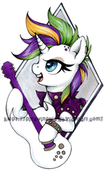 Size: 600x955 | Tagged: safe, artist:pingwinowa, rarity, pony, unicorn, it isn't the mane thing about you, alternate hairstyle, bad guitar anatomy, female, guitar, mare, punk, raripunk, solo
