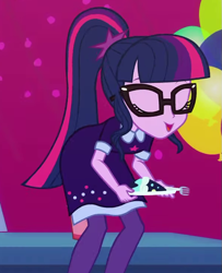 Size: 597x735 | Tagged: safe, derpibooru import, screencap, sci-twi, twilight sparkle, better together, equestria girls, twilight under the stars, clothes, cropped, dress, female, glasses, pantyhose, ponytail, solo