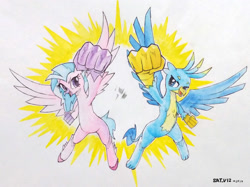 Size: 2000x1496 | Tagged: safe, artist:satv12, gallus, silverstream, classical hippogriff, griffon, hippogriff, claw, colored hooves, female, fist, gallstream, male, missing accessory, quadrupedal, shipping, smiling, smirk, straight, traditional art, watercolor painting