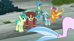 Size: 1280x720 | Tagged: safe, screencap, gallus, ocellus, sandbar, silverstream, smolder, yona, changedling, changeling, dragon, earth pony, griffon, pony, seapony (g4), yak, school daze, bow, cloven hooves, colored hooves, crossed arms, dragoness, female, flying, hair bow, male, monkey swings, paws, student six, tail, teenager, wings