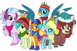 Size: 6000x4000 | Tagged: safe, artist:cheezedoodle96, gallus, ocellus, sandbar, silverstream, smolder, yona, changedling, changeling, classical hippogriff, dragon, earth pony, griffon, hippogriff, pony, yak, best gift ever, .svg available, :p, absurd resolution, boots, bunny ears (gesture), clothes, cloven hooves, crossed arms, crossed legs, cute, cuteling, diaocelles, diastreamies, earmuffs, excited, female, gallabetes, gasp, gloves, group, group photo, happy, hat, looking at you, male, mittens, monkey swings, open mouth, peace sign, pose, sandabetes, scarf, shoes, shy, silly, simple background, smiling, smolderbetes, spread wings, student six, svg, teenager, tongue out, transparent background, vector, wings, winter outfit, yonadorable
