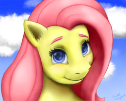 Size: 845x676 | Tagged: safe, artist:mentalmongloid, fluttershy, pegasus, pony, cloud, looking at you, sky, smiling, solo