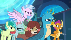 Size: 1920x1080 | Tagged: safe, screencap, gallus, ocellus, sandbar, silverstream, smolder, yona, changedling, changeling, classical hippogriff, dragon, earth pony, griffon, hippogriff, pony, yak, school raze, angry, chest fluff, cutie mark, dragoness, female, male, student six, teenager