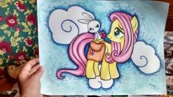 Size: 1024x575 | Tagged: safe, artist:dinseyfreak, angel bunny, fluttershy, pegasus, pony, duo, saddle bag, traditional art