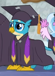 Size: 731x997 | Tagged: safe, screencap, gallus, silverstream, yona, griffon, hippogriff, school raze, claws, cropped, graduation cap, hat, male, offscreen character, paws, smiling, solo focus, tail