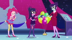 Size: 1280x720 | Tagged: safe, derpibooru import, screencap, pinkie pie, rosette nebula, sci-twi, twilight sparkle, better together, equestria girls, twilight under the stars, bare shoulders, cake, chocolate cake, clothes, dress, female, food, glasses, high heels, leggings, pantyhose, ponytail, shoes, skirt, sleeveless, smiling, statue of star swirl, strapless