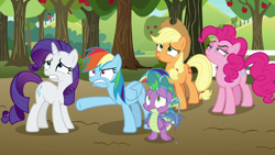 Size: 1920x1080 | Tagged: safe, derpibooru import, screencap, applejack, pinkie pie, rainbow dash, rarity, spike, dragon, earth pony, pegasus, pony, unicorn, between dark and dawn, apple, apple tree, applejack's hat, baby, baby dragon, claws, cowboy hat, cringing, displeased, female, folded wings, freckles, hat, looking up, male, mare, messy, narrowed eyes, pinkie pie is not amused, pointing, ponytail, rainbow dash is not amused, raised eyebrow, spread wings, stetson, sweet apple acres, tied tail, tree, unamused, winged spike, wings