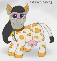 Size: 1050x1121 | Tagged: safe, artist:ratwhiskers, octavia melody, cow, earth pony, pony, blushing, clothes, costume, cow girl, cowprint, footed sleeper, mootavia, pajamas, udder