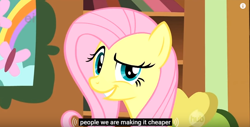 Size: 846x429 | Tagged: safe, screencap, fluttershy, pegasus, pony, always works, dreamworks face, fluttershy's cottage, hub logo, meme, raised eyebrow, solo, youtube caption