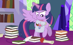 Size: 1200x750 | Tagged: safe, artist:dm29, derpibooru import, twilight sparkle, twilight sparkle (alicorn), alicorn, pony, apple, book, bookhorse, female, magic, mare, packing, saddle bag, scroll, solo, twilight's castle