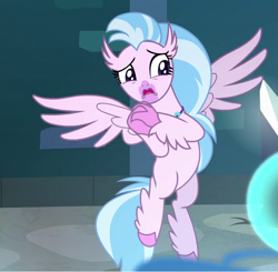Size: 737x721 | Tagged: safe, screencap, silverstream, classical hippogriff, hippogriff, school raze, clasped hands, cropped, scared, solo, spread wings, wings, worried