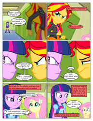 Size: 612x792 | Tagged: safe, artist:greatdinn, artist:newbiespud, edit, edited screencap, screencap, fluttershy, spike, sunset shimmer, twilight sparkle, dog, collaboration, comic:friendship is dragons, equestria girls, equestria girls (movie), clothes, comic, cutie mark on clothes, dialogue, frown, hairclip, lockers, pointing, sad, screencap comic