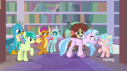 Size: 1920x1080 | Tagged: safe, screencap, cozy glow, gallus, ocellus, sandbar, silverstream, smolder, yona, changedling, changeling, classical hippogriff, dragon, earth pony, griffon, hippogriff, pegasus, pony, yak, what lies beneath, book, bookshelf, boop, bow, cloven hooves, dragoness, female, filly, hair bow, help me, i need an adult, jewelry, male, misleading thumbnail, monkey swings, necklace, noseboop, slasher smile, smiling, student six, teenager