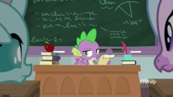 Size: 1920x1080 | Tagged: safe, screencap, ocellus, silverstream, spike, changedling, changeling, classical hippogriff, dragon, hippogriff, a rockhoof and a hard place, apple, book, chalkboard, classroom, female, food, male, scroll, winged spike