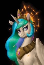 Size: 630x930 | Tagged: dead source, safe, artist:eosphorite, princess celestia, alicorn, pony, black background, crown, female, halo, jewelry, mare, regalia, simple background, solo